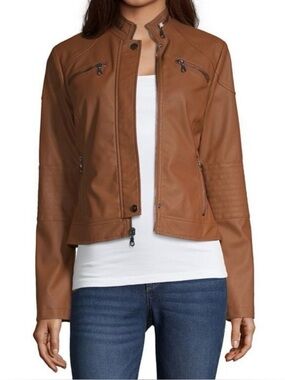 Faux Leather Moto Bomber Jacket in Cognac Brown/ Tan- Maralyn & Me Size XL